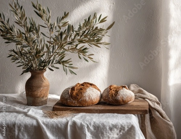Fototapeta Rustic bread with olive branch