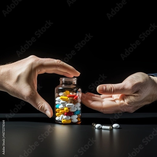 Fototapeta Pills and the Opioid Crisis Passing Medications with Hands on Dark Background. Concept.