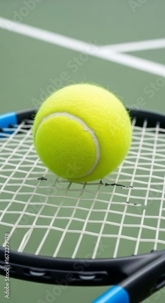 Fototapeta Close-up view of a vibrant yellow tennis ball resting on a tennis racket, showcasing the intricate strings and texture against a clay court background, highlighting sports equipment