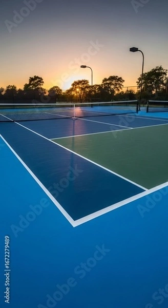 Fototapeta Tennis court at sunset, featuring vibrant blue surface and white lines, surrounded by empty spectator seats, creating a serene atmosphere for the sport