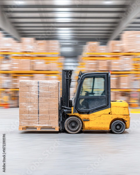 Fototapeta A yellow forklift transports a pallet of boxes in a warehouse, showcasing an efficient logistics operation in a busy industrial setting.