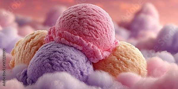 Fototapeta Colorful ice cream scoops create a delightful scene above fluffy clouds at sunset