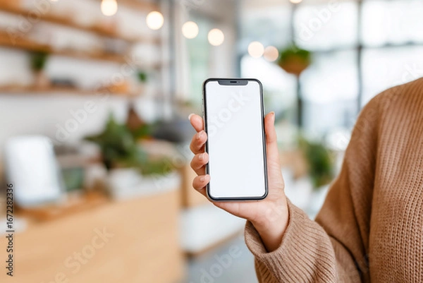 Fototapeta スマートフォンを持つ女性の手元のクローズアップ（スマホ決済）