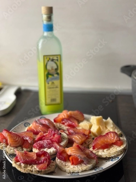 Fototapeta Sandwiches with red fish, served fresh and appetizing, perfect for a light snack or festive meal.