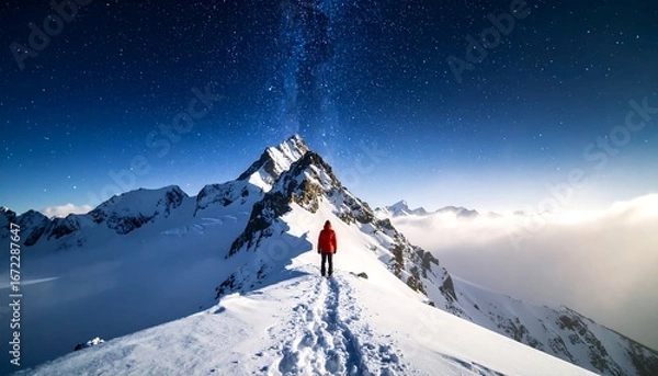 Fototapeta Hiker Milky Way Mountain Peak.