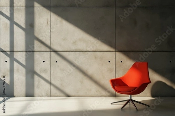 Fototapeta Minimalist interior with geometric decor, concrete walls, and a single vibrant color accent in a modern chair.