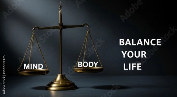 Fototapeta A golden scale balancing mind and body with balance your life text on dark background