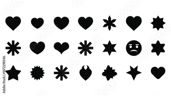 Obraz Collection of Black Silhouettes of Hearts, Stars, and a Sad Emoji on White Background