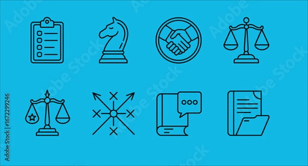 Obraz Collection of legal and business icons representing justice strategy agreement and law