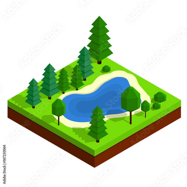 Obraz Isometric summer landscape with lake and low poly trees and bushes. Vector flat 3d design or infographic element. Summer forest illustration