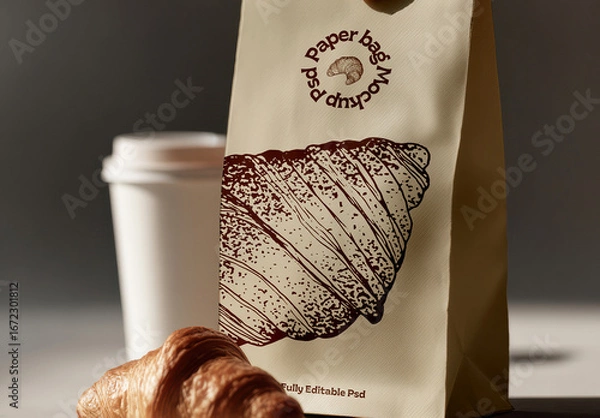Obraz Paper Bag with Coffee Cup and Croissant Mockup