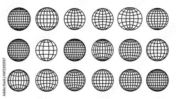 Obraz Set of spherical grid globes representing various perspectives for graphic design and illustration