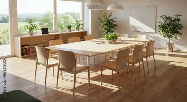 Fototapeta Modern Office Meeting Room Filled With Natural Light and Green Plants Creating a Productive and Welcoming Environment