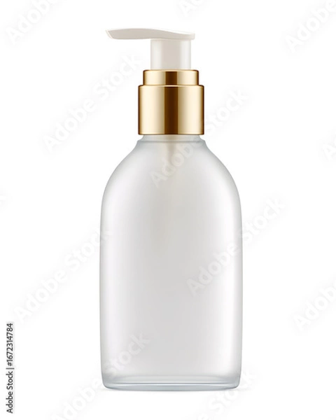 Obraz Minimalistic white cosmetic pump bottle with golden dispenser, isolated on white, ideal for branding, skincare packaging, or product design mockups.