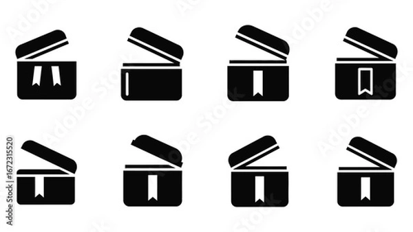 Obraz Vector illustration set of open gift boxes with ribbons, depicting various angles and states of unboxing or delivery, perfect for icons and symbols