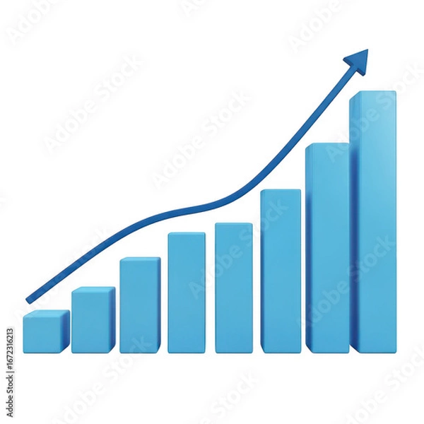 Fototapeta Blue 3d bar chart with upward trend line isolated on transparent background