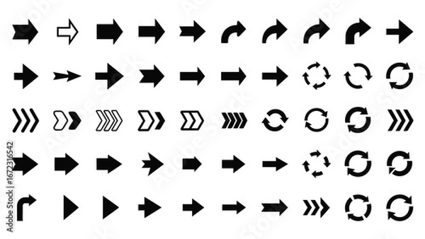 Obraz Versatile collection of black arrow icons and refresh symbols for web design, user interface, navigation, and creative graphic projects, offering diverse directional indicators and control elements