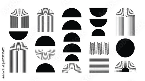 Obraz Modern minimalist collection of abstract geometric shapes featuring arches, circles, and half-circle patterns in a clean black and white design for contemporary art and decor projects