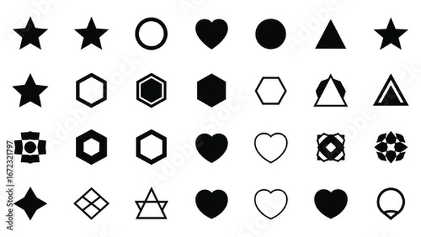 Obraz Black and White Geometric Shapes Stars, Hearts, Hexagons, and More- Vector Illustration