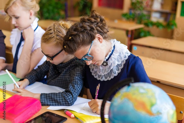 Fototapeta Girls at school desks