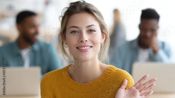 Fototapeta A woman in a yellow sweater is smiling and waving at the camera