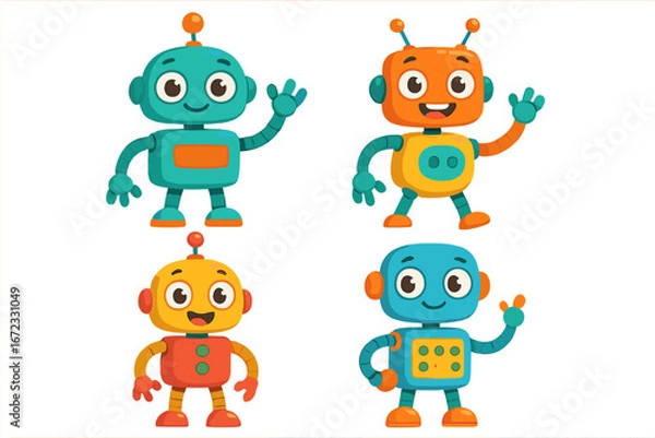 Obraz Set of cute cartoon robot characters. Friendly and colorful android mascots with happy emotions. Vector illustration for kids. Funny toy machine, futuristic ai bot collection.