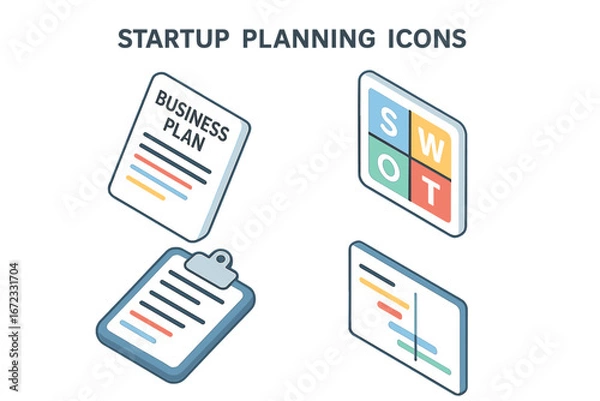 Fototapeta Isometric startup planning icon set for business strategy. Includes business plan document, SWOT analysis matrix, Gantt chart timeline, and project management clipboard. Vector.