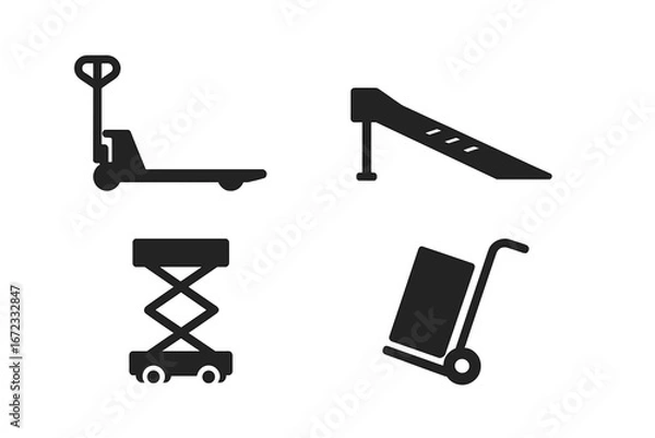 Fototapeta Material handling icon set. Solid glyph icons of warehouse equipment. Includes pallet jack, loading ramp, scissor lift, and hand truck. Logistics & transport vector symbols.