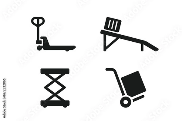 Fototapeta Material handling equipment vector icon set. Solid pictograms for logistics, warehouse, and shipping. Includes pallet jack, scissor lift, loading ramp, and hand truck dolly.