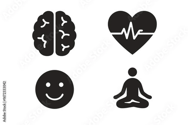 Fototapeta Mental wellness solid icon set. Psychology, health, and emotion concept. Brain, heart beat, meditation and happy face symbols. Mindfulness, balance and mental health vector pack.