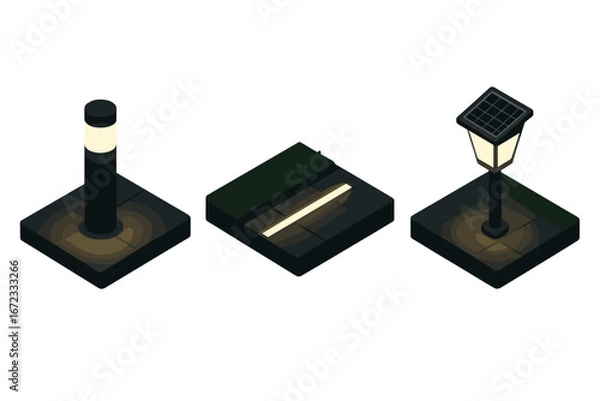 Fototapeta Night illumination icon set. Isometric vector illustration of outdoor sidewalk and garden lights. Bollard lamp, embedded LED strip light and street lantern with solar panel.