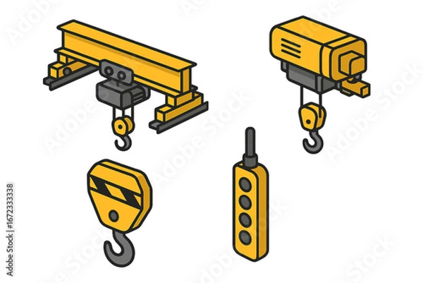 Fototapeta Overhead crane isometric icon set. Industrial lifting equipment elements: bridge girder, hoist trolley, hook block, and control pendant. Flat vector for factory warehouse.