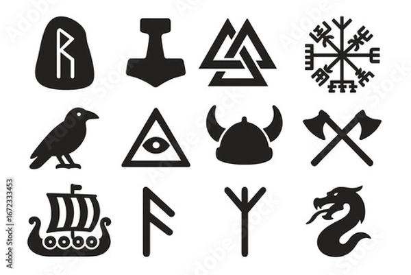 Obraz Viking Symbols Grid Solid Filled Icon Set of Powerful Viking Runes, Rune Stone, Thor’s Hammer, Valknut, Norse Compass, Raven, Viking Helmet, Axes, Dragon and Ship Vector Illustrations