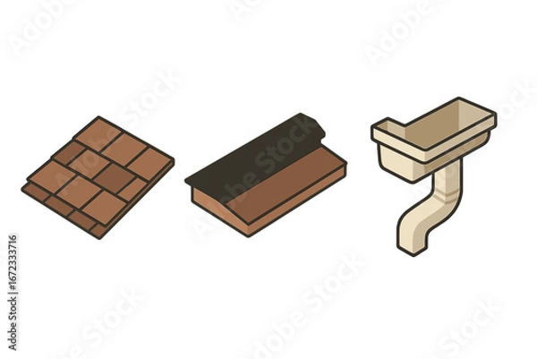 Fototapeta Isometric Flat Roofing Icon Set with Asphalt Shingle, Roof Ridge Vent, and Gutter Downspout, Construction and Home Exterior Elements Vector Illustration, Transparent Background