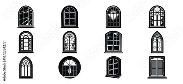 Fototapeta Collection of Ornate Gothic Style Windows in Black and White Vector Illustration