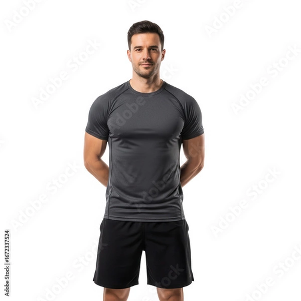 Fototapeta Fit man in grey athletic t-shirt and black shorts standing confidently ready for workout transparent background