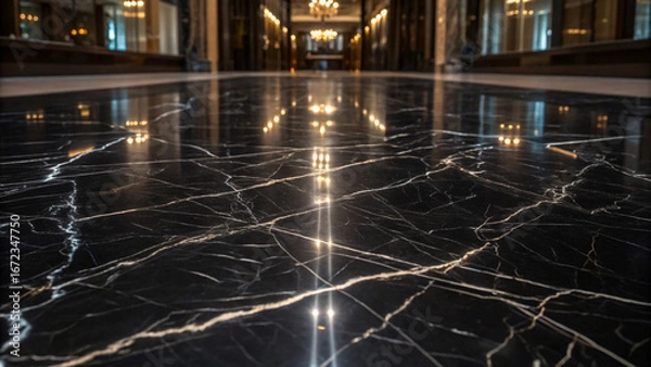 Obraz Polished Black Marble Floor with White Veins and Reflections surface