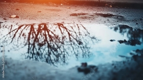 Fototapeta Reflection of bare trees in a puddle during sunset after rain