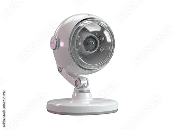 Fototapeta Spherical white security camera with a clear lens and multiple LEDs.  Rounded body, adjustable arm, and a circular base