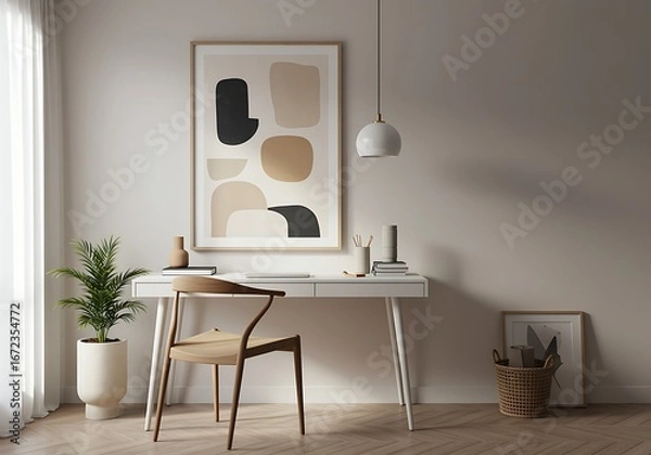 Fototapeta Modern Minimalist Home Office Interior with Abstract Art and Natural Light Wooden Chair and Desk