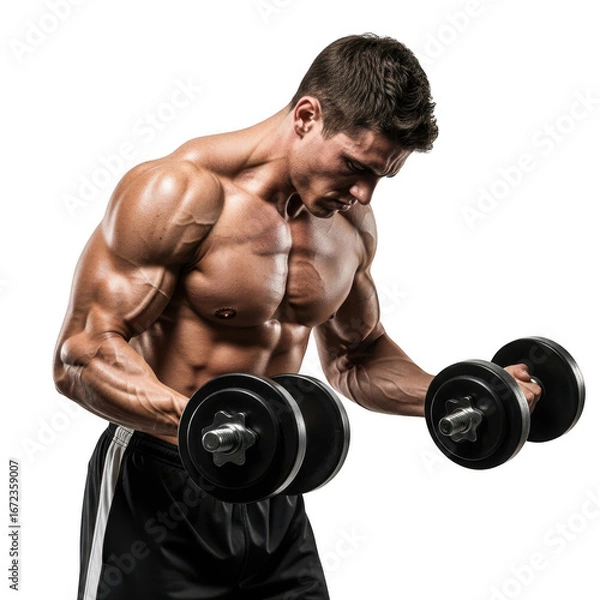 Fototapeta Muscular man performing bicep curls with dumbbells demonstrating strength and fitness transparent background