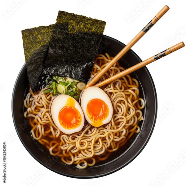 Obraz Bowl of ramen noodles with egg, seaweed, and chopsticks, isolated transparent PNG, authentic Japanese cuisine element perfect for menu, culinary, and food design