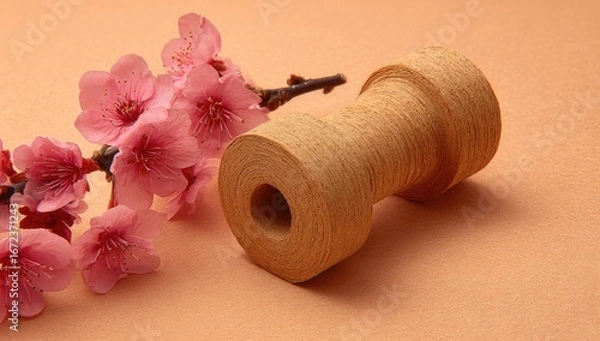 Fototapeta Spring blossoms and a spool of light brown thread.