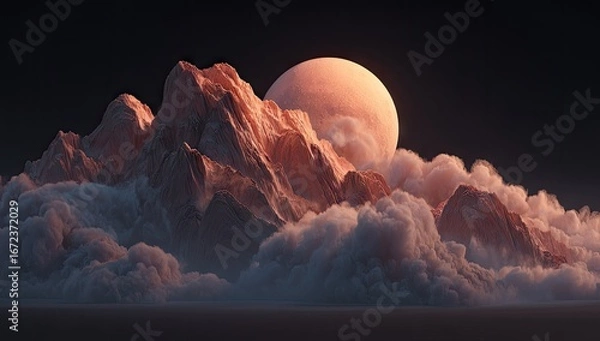 Fototapeta Dramatic mountain range rising above clouds with a large celestial body.