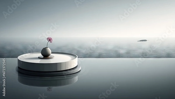 Fototapeta A minimalist, modern scene of a single flower in a vase on a circular platform overlooking a tranquil sea.