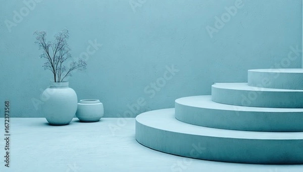 Fototapeta Light teal coloured display with plant and tiered platform.