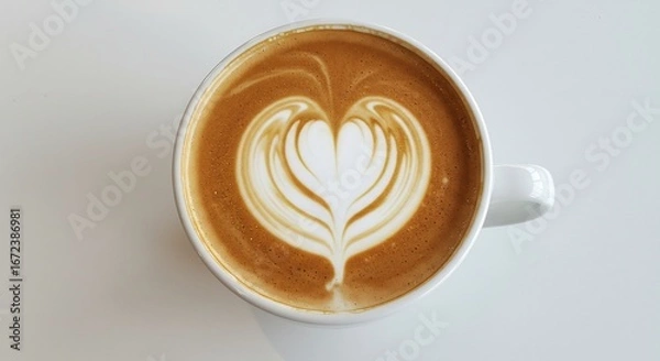 Fototapeta 温かいカフェラテ、美しいハート模様 柔らかな光で輝く一杯. AI Generated