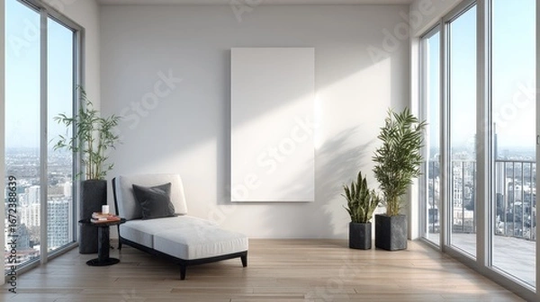 Obraz Modern Minimalist Living Room with Floor to Ceiling Windows and Urban View