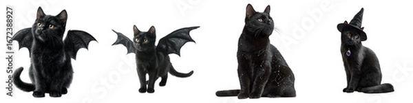Fototapeta black cats with wings wearing witch hat and magical elements on transparent background
