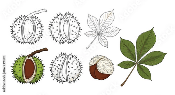 Fototapeta Detailed illustrations of horse chestnut leaves and nuts for educational, botanical, and design projects